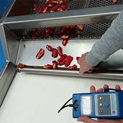 Hand measuring a food-grade magnetic rod's field strength using a digital Gaussmeter.