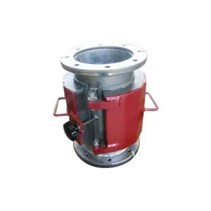 Red custom-engineered magnetic plate unit with industrial flanges for seamless pipe integration.