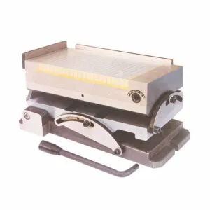 Industrial electromagnetic chuck with a robust, waterproof body, featuring a control unit designed for safe demagnetization and easy workpiece release.