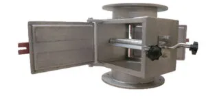 Inline magnetic plate separator with an open side door for removing captured metallic waste.